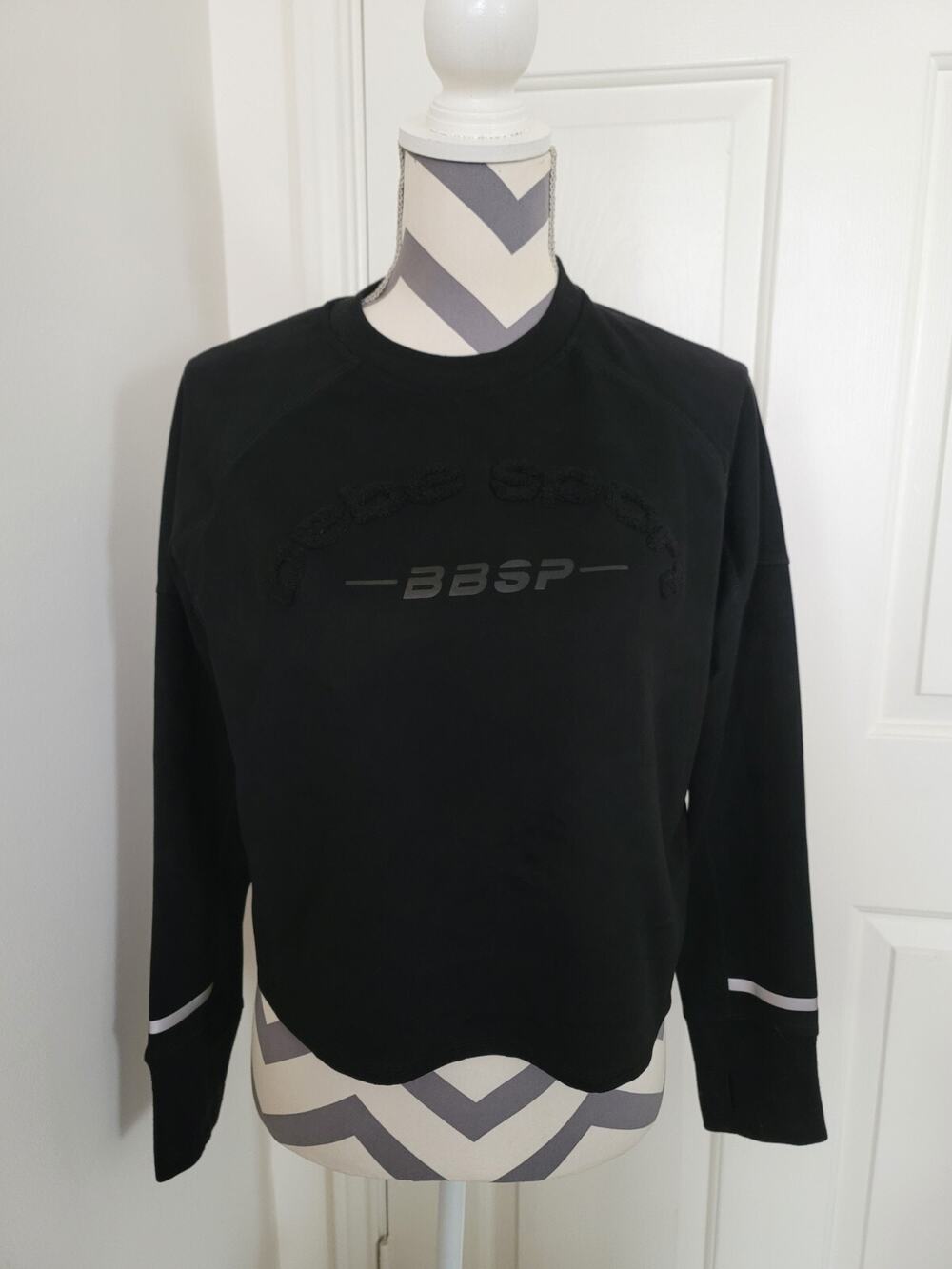 Bebe Logo Sport Pullover Sweatshirt Top Size S Cropped Black Faux Microsuede